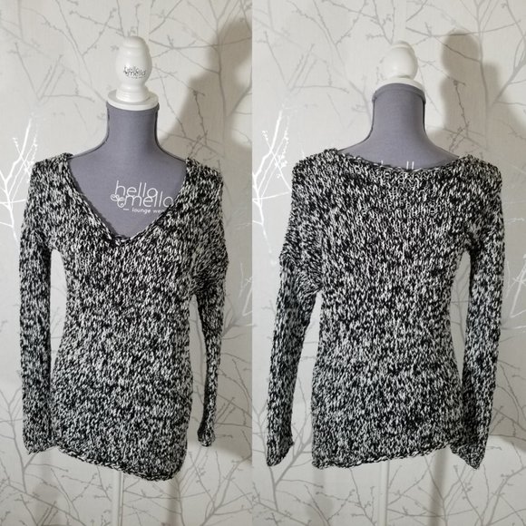 Talula Black & White Marled Knit V-Neck Asymmetrical Sweater - Picture 1 of 4